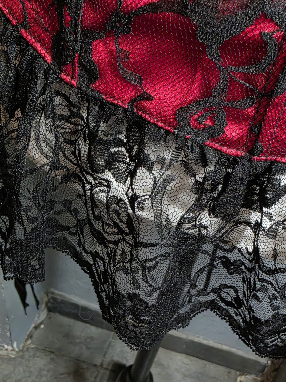 Red Satin Lace Corset Bustier with Black Lace Trim - Women Intimates - Picture 9 of 16